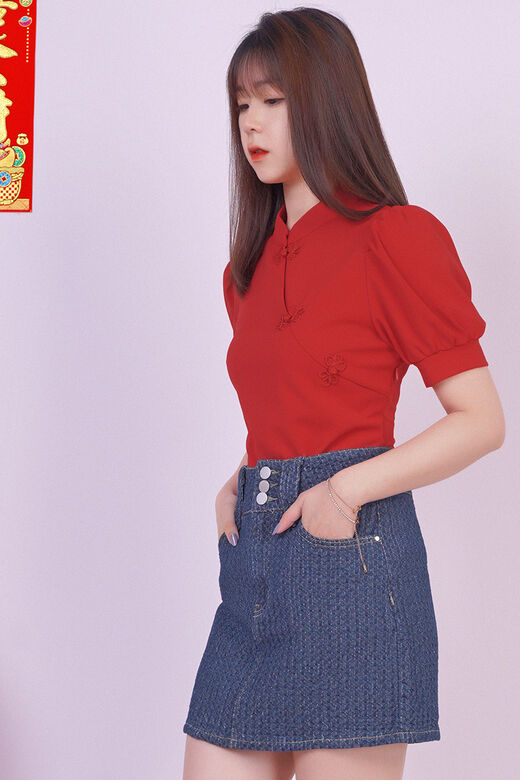 Cuff Sleeve Asymmetric Hem Cheongsam Top (Red)